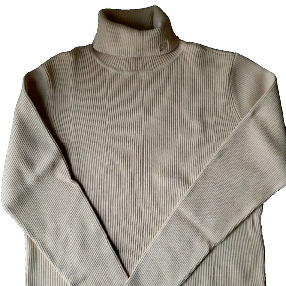 Lauren Ralph Lauren Size L Beige Turtleneck Sweater 100% Cotton Ribbed Logo - Picture 3 of 12